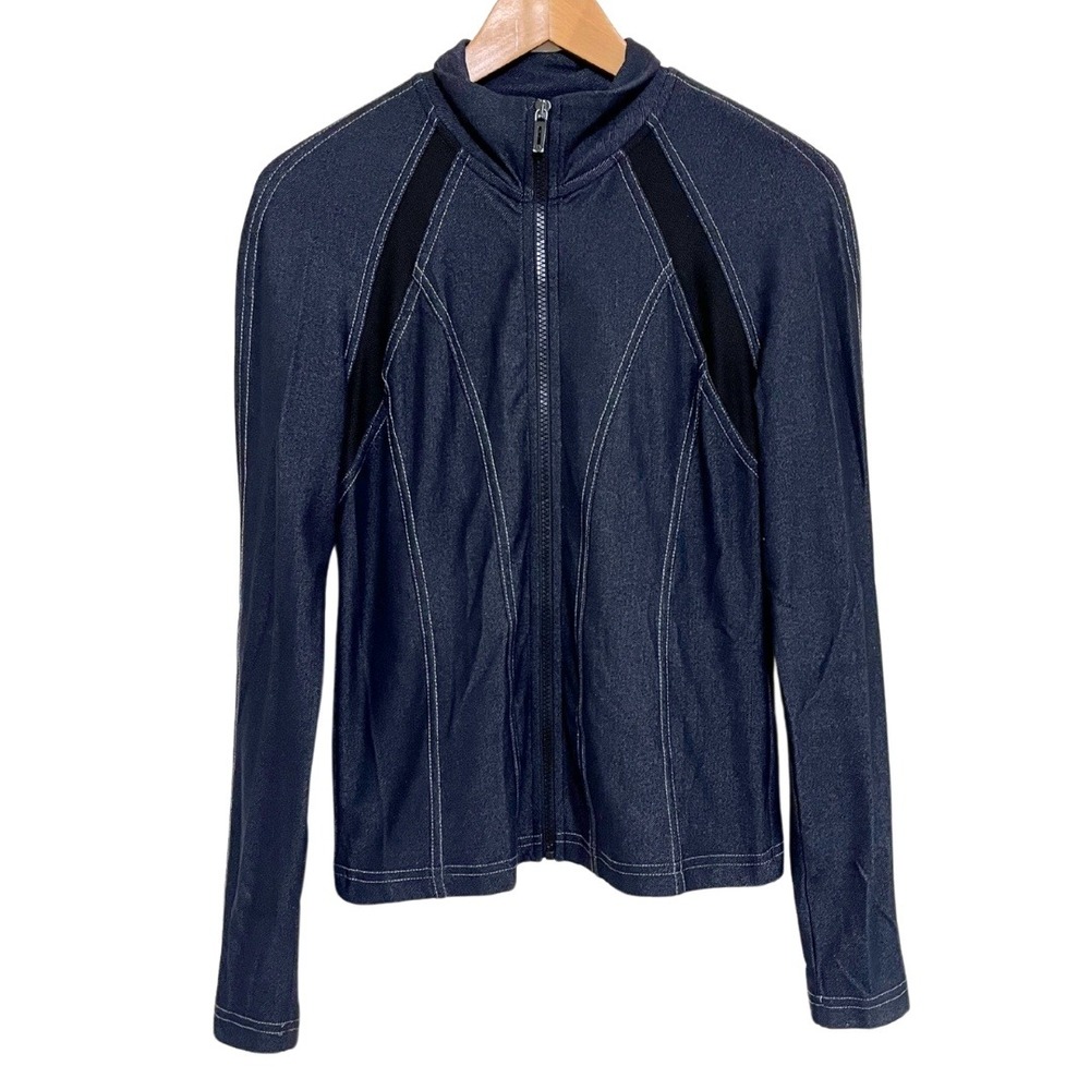 PH8 Denim-Look Fitted Stretch Navy Blue Athletic Zip-Up Track Jacket – M